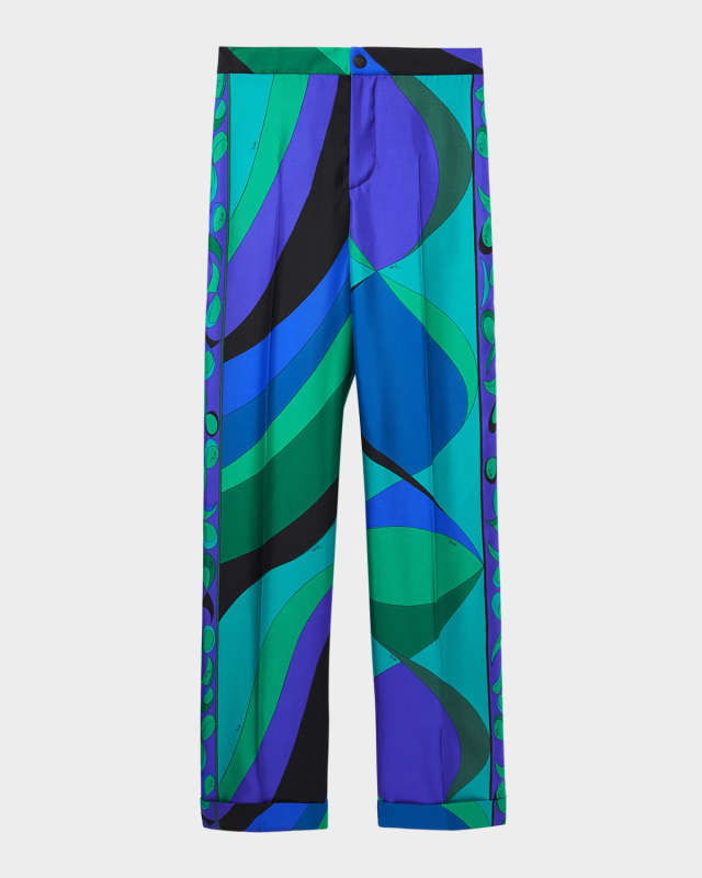 Pesci-Print Silk Twill Straight-Leg Pants
